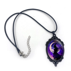 Halloween witch oval pendant necklace with moon pattern on black cord for women