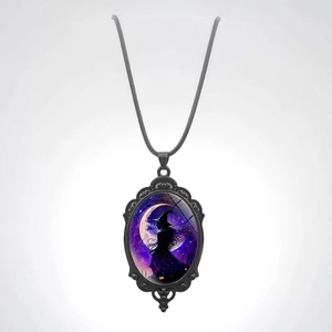 Gothic oval witch pendant necklace with moon silhouette on black cord for women