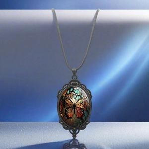 Vintage oval butterfly pendant necklace with colorful wings and black cord chain