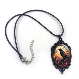 Gothic necklace with black crow on moon pendant and adjustable leather cord strap