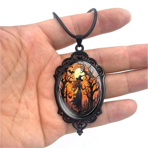 Gothic vampire bat and forest witch pendant necklace with vintage black carved frame