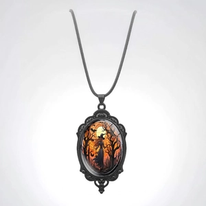 Gothic vampire bat and witch necklace with pumpkin silhouette and moon pendant