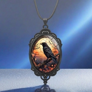Vintage Gothic Raven Crow Oval Pendant Necklace Alloy Glass Sunset Floral Neck Jewelry For Women Men Retro Neck Jewelry