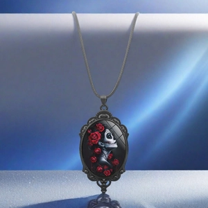 Vintage oval necklace with black skull woman and red roses on deep blue background