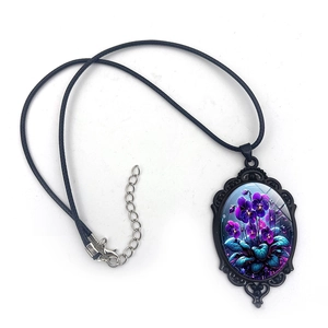 Elegant vintage oval pendant necklace with purple pansy flower and black alloy lace frame
