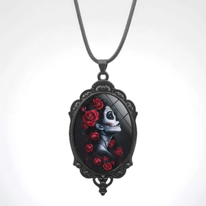 Gothic Day Of The Dead Skull Rose Pendant Necklace Black Alloy Glass Oval Medallion Retro Jewelry For Women Costume Accessories