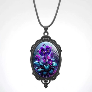 Vintage Elegant Purple Pansy Flower Oval Pendant Necklace For Women Retro Alloy Glass Inlay Hollow Lace Border Rope Chain