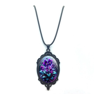 Vintage oval purple floral pendant necklace with black lace hollow frame and leather cord