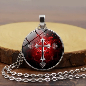 Gothic Vintage Cross Rose Pendant Necklace Round Glass Cabochon Alloy Sweater Chain Jewelry For Women Men Religious Gift