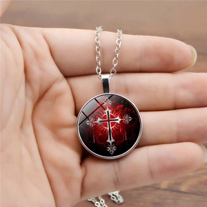 Gothic red cross and rose glass gem pendant necklace with silver chain for women