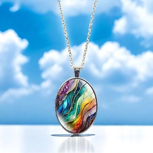 Oval pendant necklace with artistic dreamy wave pattern and silver metal chain