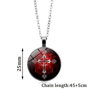 Vintage silver red cross and rose pendant necklace with glass dome for women