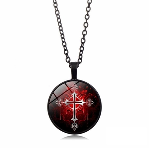 Gothic round glass pendant necklace featuring a silver cross and rose art motif with black chain