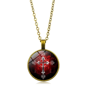 Gothic red cross and rose glass pendant necklace with vintage gold alloy chain jewelry