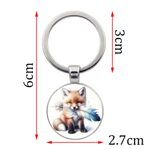 Cute red fox and blue feather keychain pendant with 2.7cm glass cabochon charm