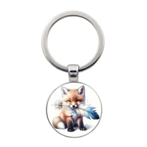 Cute Fox And Feather Pendant Round Glass Cabochon Metal Keychain Artistic Fox Holding Feather Zinc Alloy Key Ring For Bag Charm Gift