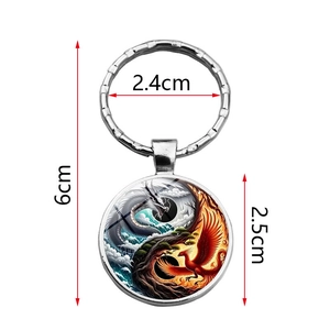 Porte-clés Yin Yang Tai Chi Dragon Phénix avec anneau en métal et pendentif en verre