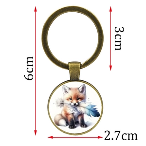 Cute red fox and blue feather round pendant keychain with bronze metal ring and size markings