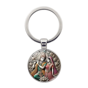 Vintage Zinc Alloy Radha Krishna Keychain Round Glass Patch Metal Key Ring Indian Mythology Bag Accessory Religious Gift
