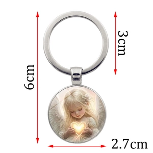 Silver angel wings keychain with glowing heart glass cabochon pendant 6cm total length