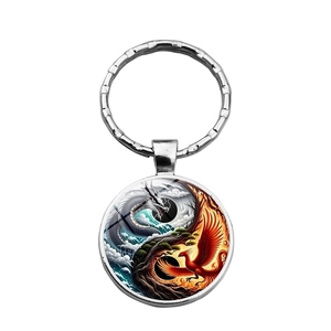 Porte-clés traditionnel Yin Yang Dragon et Phénix avec pendentif en verre poli