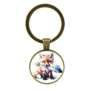 Cute red fox and blue feather keychain pendant in vintage bronze metal finish