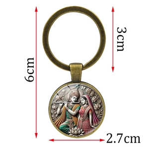 Vintage Radha Krishna brass keychain pendant with detailed relief and 3cm ring diameter