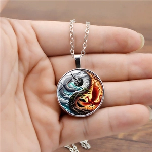 Yin Yang Dragon Phoenix pattern pendant necklace with a glass dome and alloy chain link