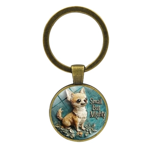Portachiavi in metallo bronzo con simpatico Chihuahua e scritta Small But Mighty