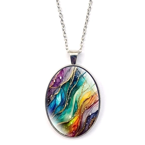 Oval silver pendant necklace with colorful rainbow fluid art and sparkling gold dust
