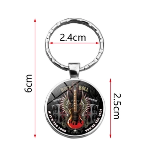 Silver rock guitar pendant keychain with wings and flame design, 2.5cm round metal charm
