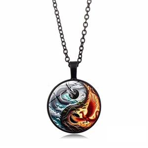 Yin Yang Tai Chi Dragon Phoenix Pendant Necklace Alloy Glass Cabochon Chinese Style Ethnic Fashion Jewelry Gift For Women Men