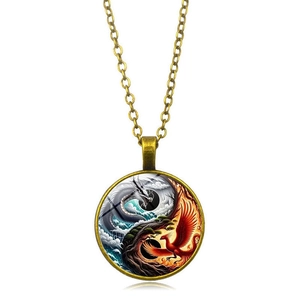 Yin Yang Dragon and Phoenix glass cabochon pendant necklace with antique bronze chain