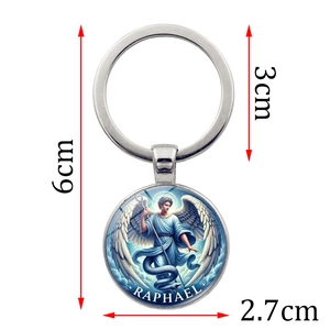 Vintage Archangel Raphael keychain pendant with silver metal ring and glass art dome
