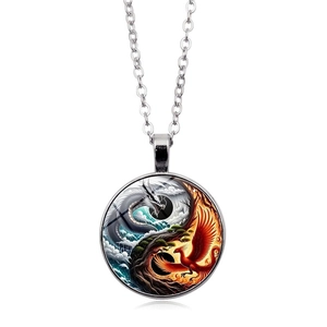 Yin Yang dragon and phoenix circular pendant necklace with silver chain and glass cabochon