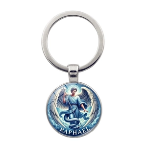 Vintage Archangel Raphael Keychain Religious Zinc Alloy Glass Pendant Retro Metal Key Ring For Backpack Accessories Gift