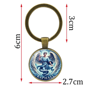 Vintage Archangel Raphael keychain with bronze finish and glass dome pendant