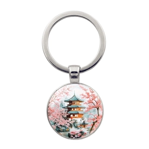 Porte-clés en Alliage de Zinc avec Motif Pagode et Fleurs de Cerisier Vintage Anneau de Clé en Métal Oriental pour Hommes Femmes Cadeau