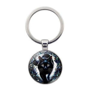 Mysterious Black Cat Round Glass Cabochon Alloy Keychain For Women Bag Pendant Accessory Antique Bronze Silver Tone