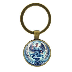 Vintage Archangel Raphael keychain pendant with bronze finish and glass dome decoration