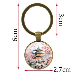 Porte-clés vintage en bronze avec pagode japonaise, fleurs de cerisier et dimensions