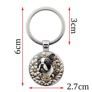 Boston Terrier design round metal keychain pendant with ornate floral patterns