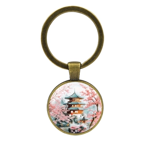 Porte-clés vintage en bronze avec pendentif motif cerisiers et pagode japonaise