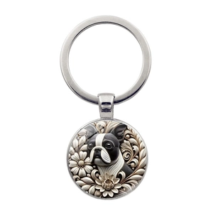 Vintage Boston Terrier Dog Keychain Alloy Glass Floral Pattern Pendant Retro Round Key Ring For Pet Lovers Gift Accessory