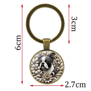 Retro bronze Boston Terrier floral glass pendant keychain with dimensions 6cm x 3cm
