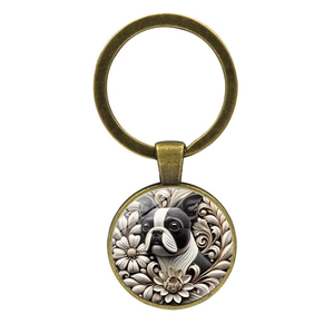 Vintage bronze Boston Terrier keychain with glass cabochon flower pattern design