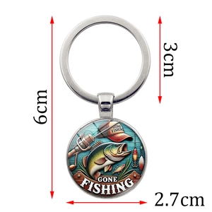 Gone Fishing keychain with bass and fishing rod pendant on white background