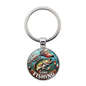 Vintage Gone Fishing Keychain Zinc Alloy Glass Cabochon Bass Fishing Rod Pendant Key Ring For Fishermen Outdoor Sport Accessory