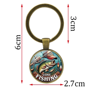 Vintage bronze Gone Fishing keychain with largemouth bass pattern and 6cm metal ring