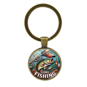 Gone Fishing vintage bronze keychain with glass dome and outdoor bass fishing illustration